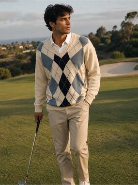 Structure Argyle V-Neck Sweater Cream Gray Cotton Ramie Preppy Golf Men M